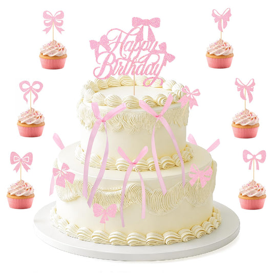 Guiqulai 25-pcs pink bow cake toppers enhance a festive birthday centerpiece