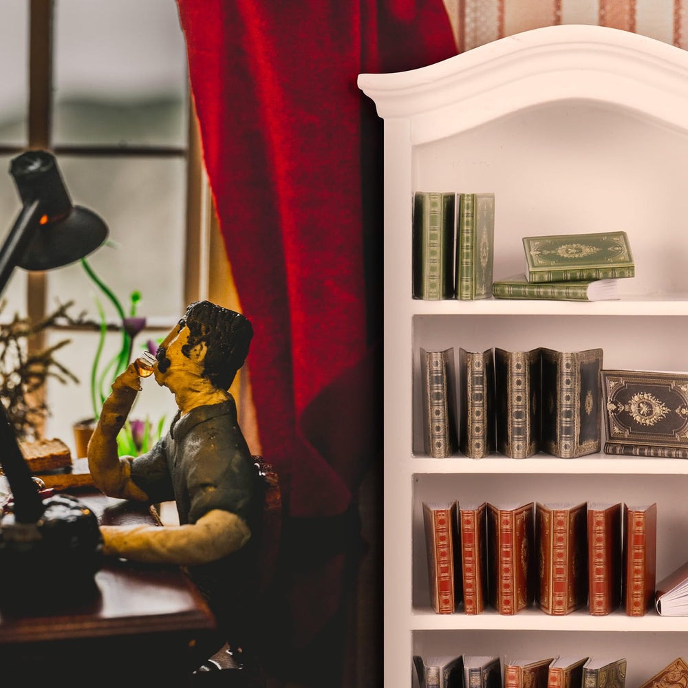 Guiqulai miniature bookcase display setup with arranged novels and decor