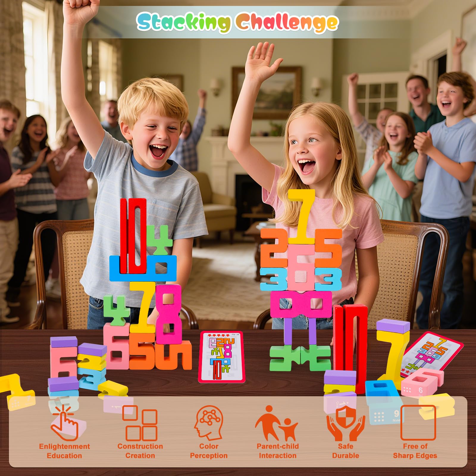 Close-up of kids stacking blocks to build confidence and dexterity.