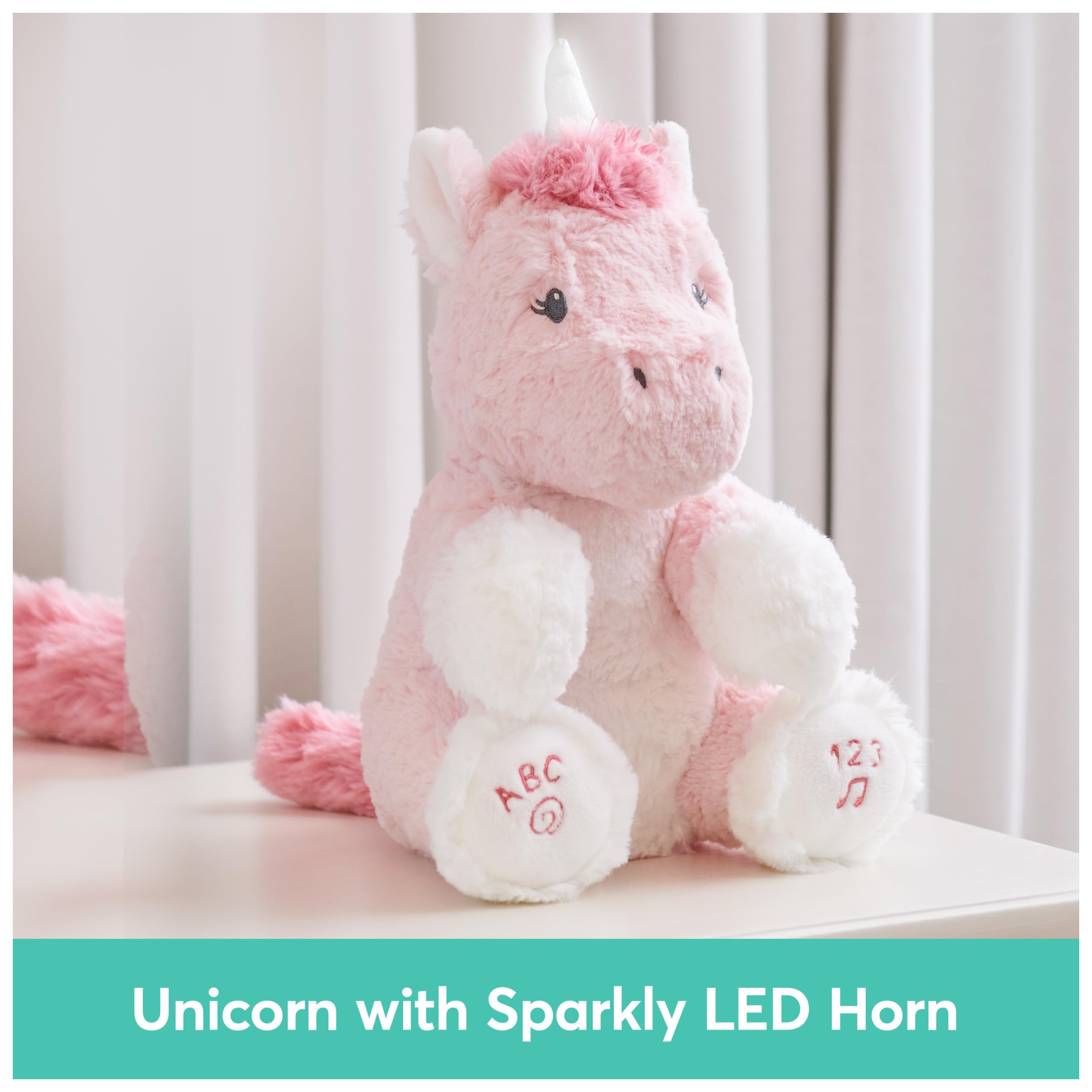 GUND Alora unicorn plush with glowing horn for visual sensory moments.