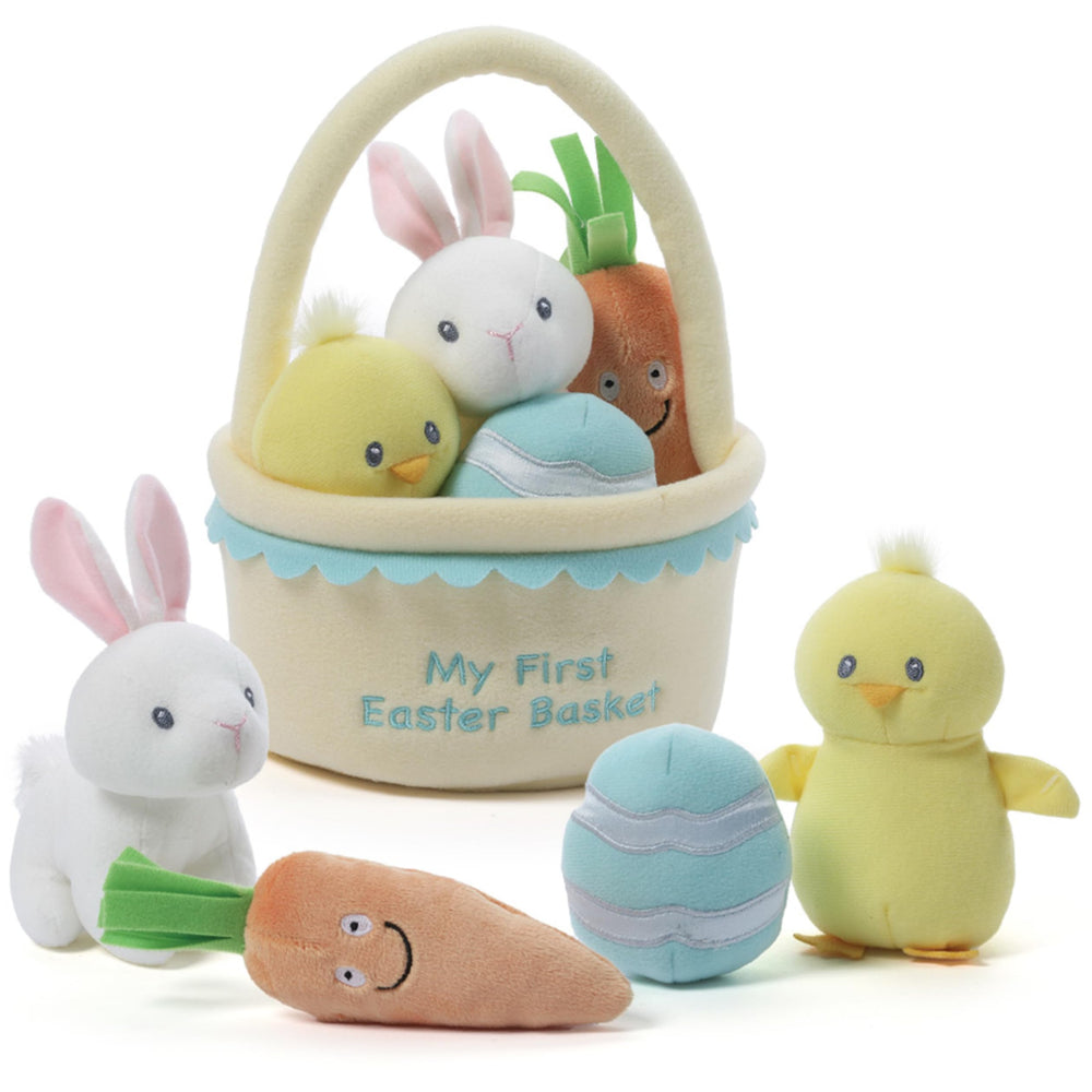 GUND My First Easter Basket 5-Piece Playset with four sensory toys for baby development and nursery decor.