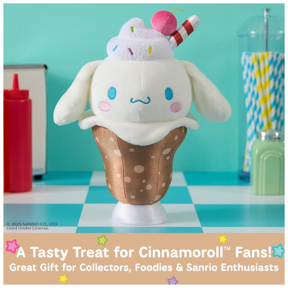GUND Cinnamoroll plush with root beer pattern, cuddly centerpiece for kid-friendly decor.