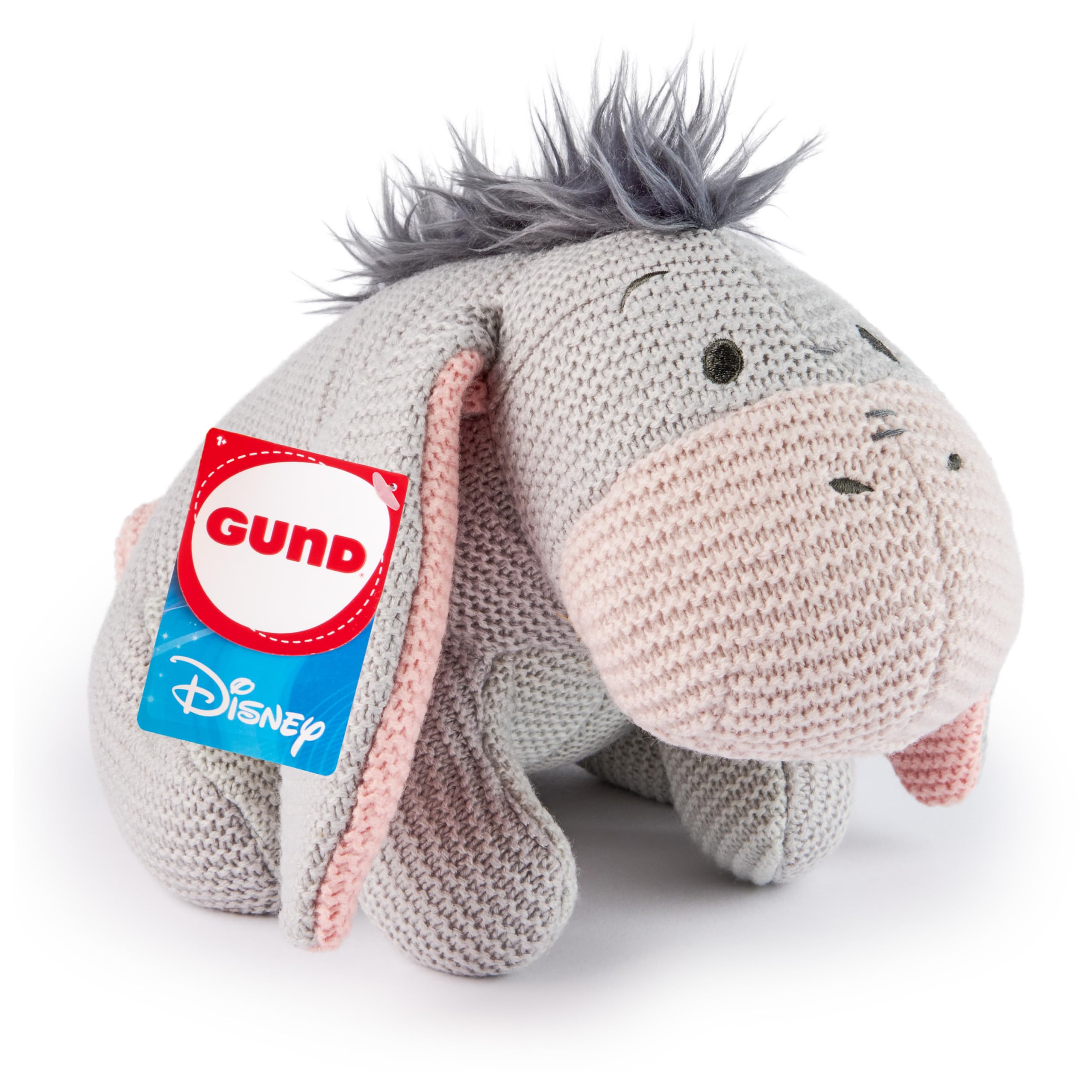 GUND Disney Eeyore knit plush, seated pose, soft texture for comforting hugs.