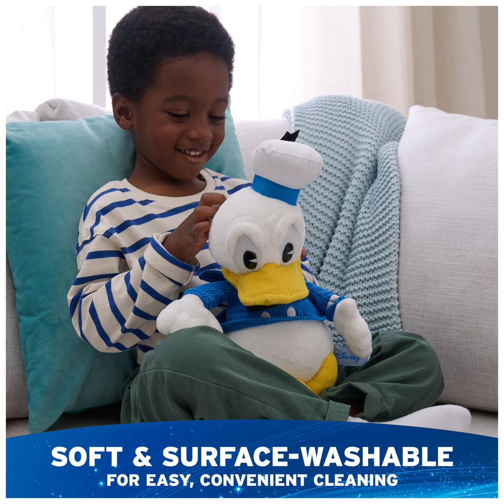 Donald Duck wearing a blue corduroy shirt for classic Disney style.