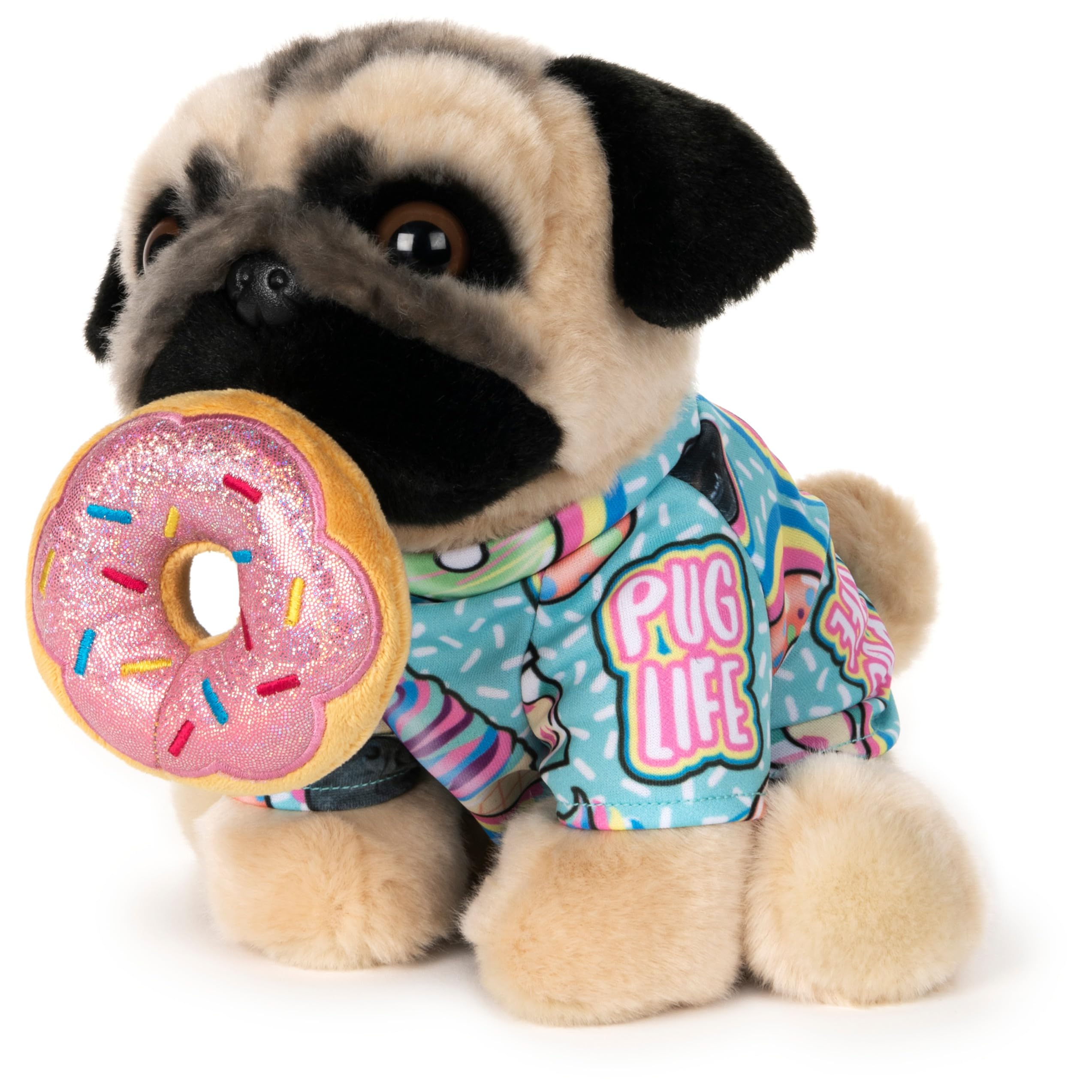 GUND Doug the Pug in pink donut outfit, soft toy for imaginative play.