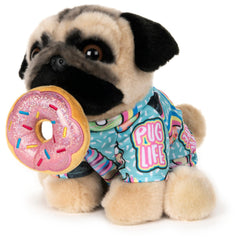 GUND Doug the Pug in pink donut outfit, soft toy for imaginative play.