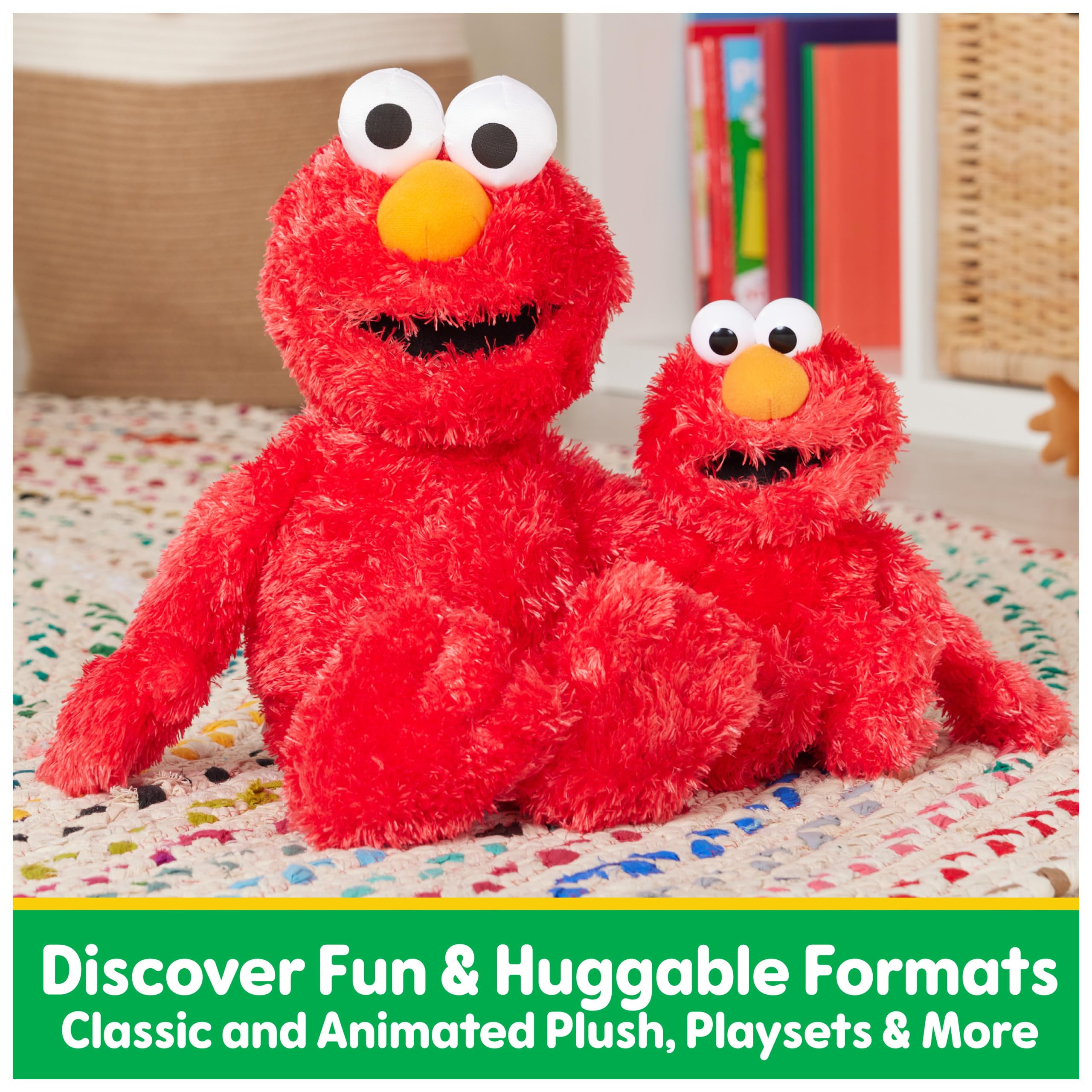 Vibrant red shaggy fur and stitched features on Elmo