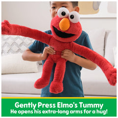 Close-up of embroidered Elmo face on soft red plush