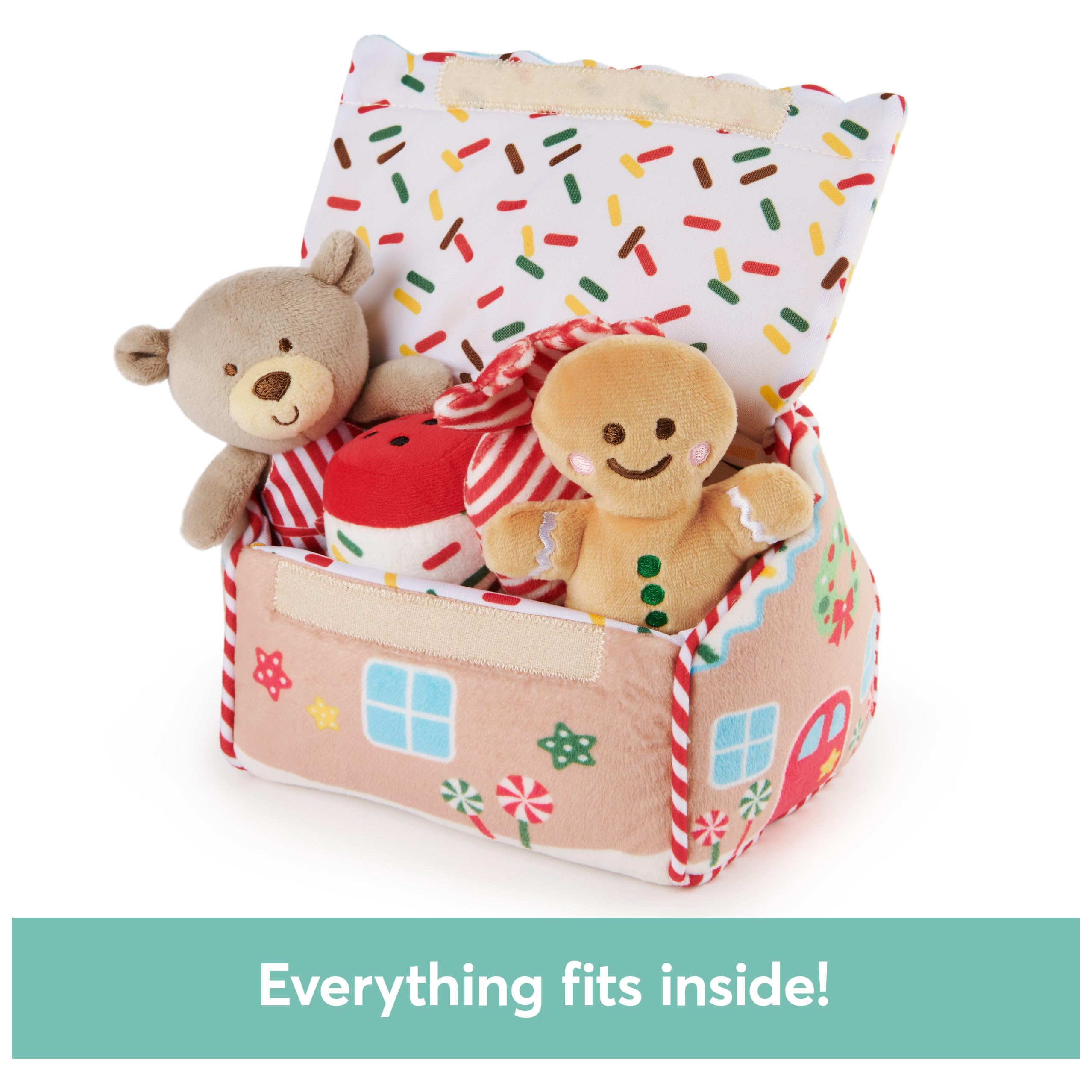 GUND house roof opens with touch-and-close fastener for easy toy storage.