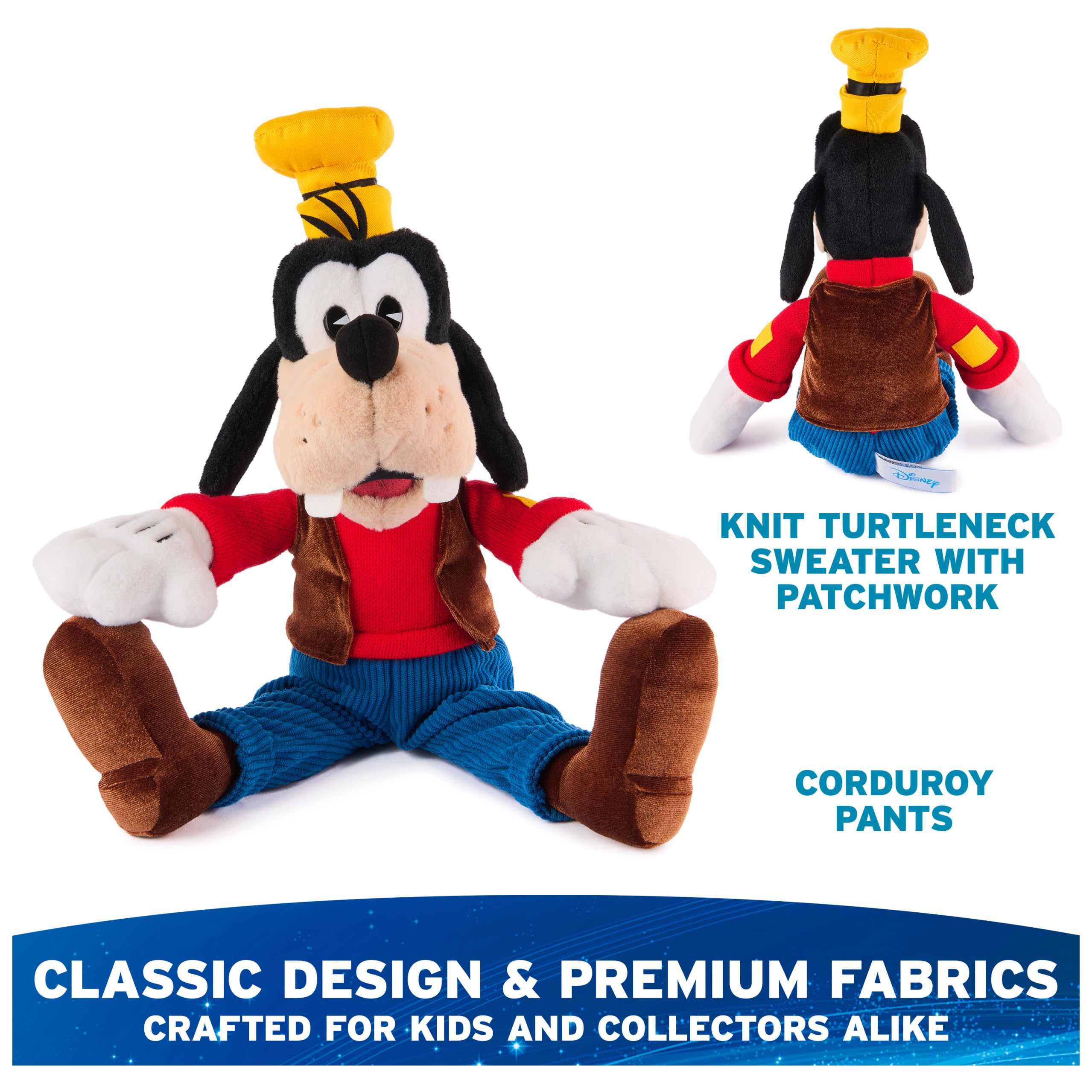 Goofy in red knitted turtleneck for cozy playtime.