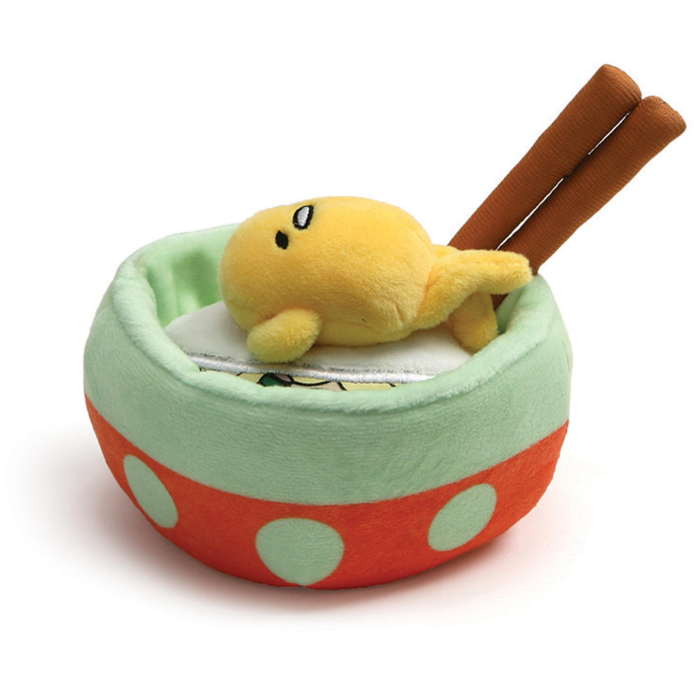 GUND Gudetama plush with noodles front view, perfect desk decor and cuddly moments.