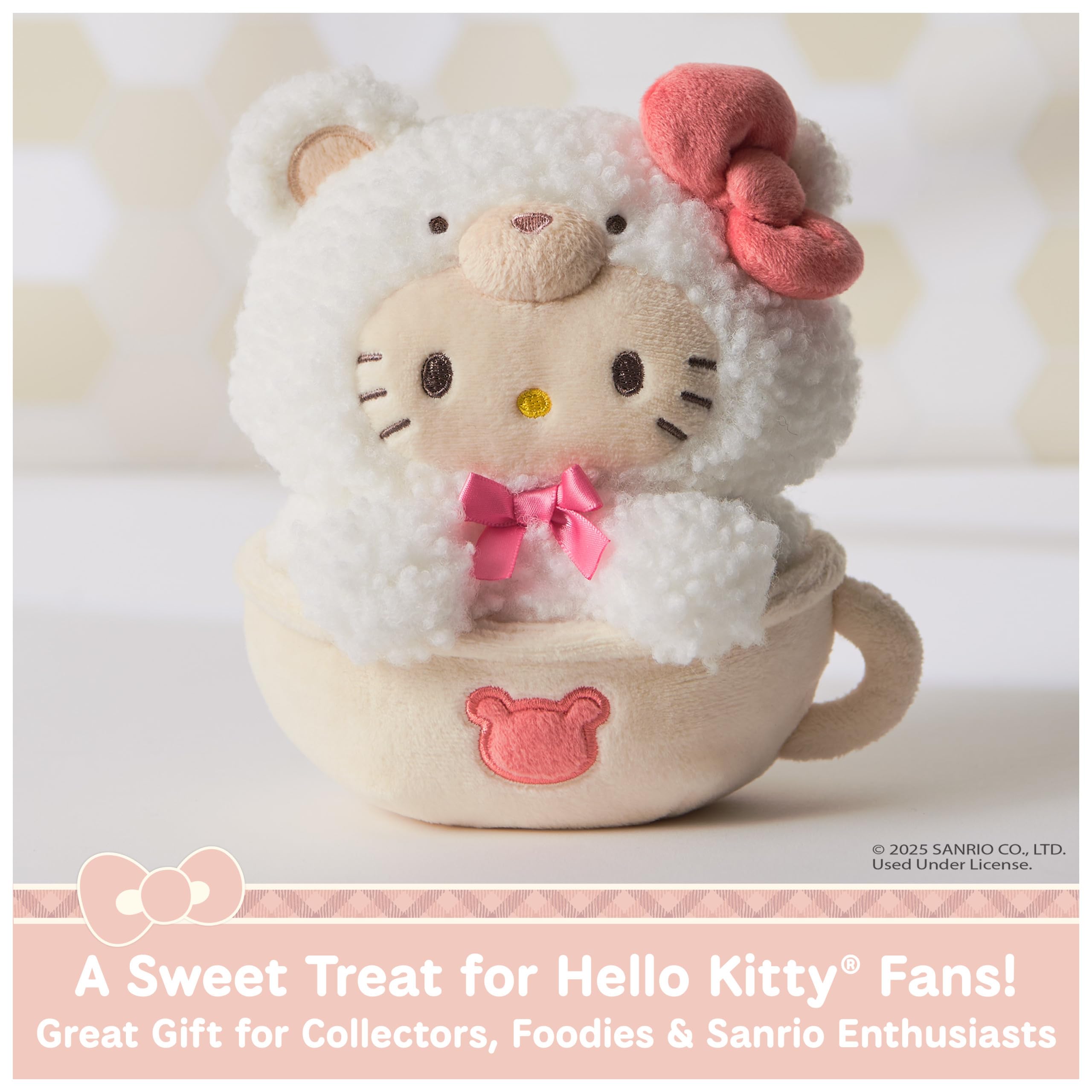 GUND Sanrio Hello Kitty Cafe Latte Bear plush, outer details and fluffy texture for adorable display.