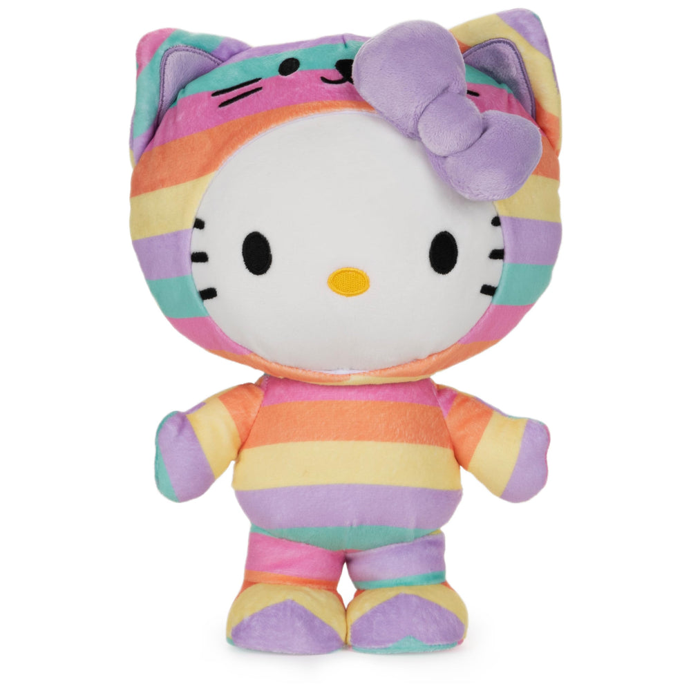 GUND Hello Kitty rainbow outfit plush front view, soft and huggable for play.
