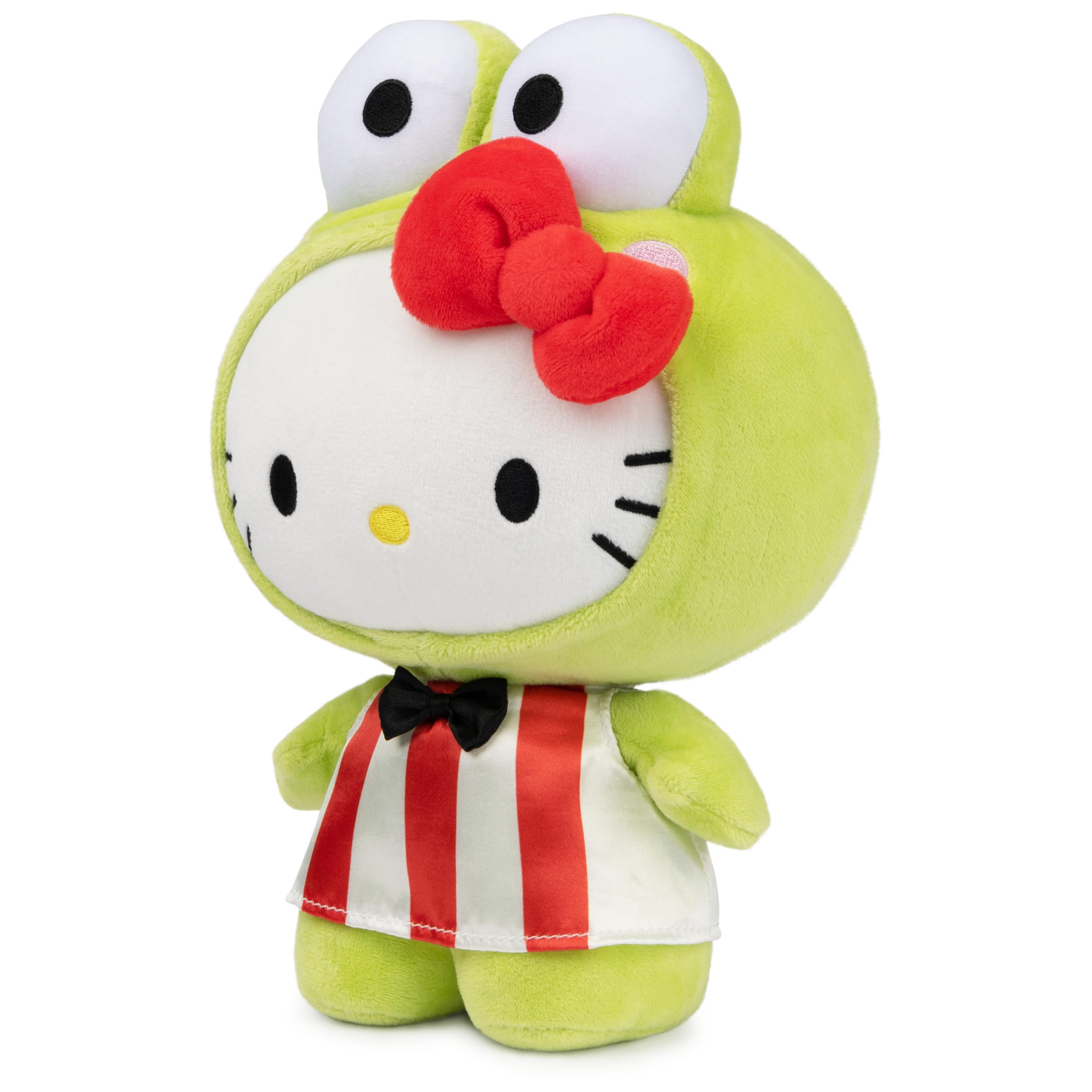 Hello Kitty red bow accent and Keroppi bowtie on plush close-up