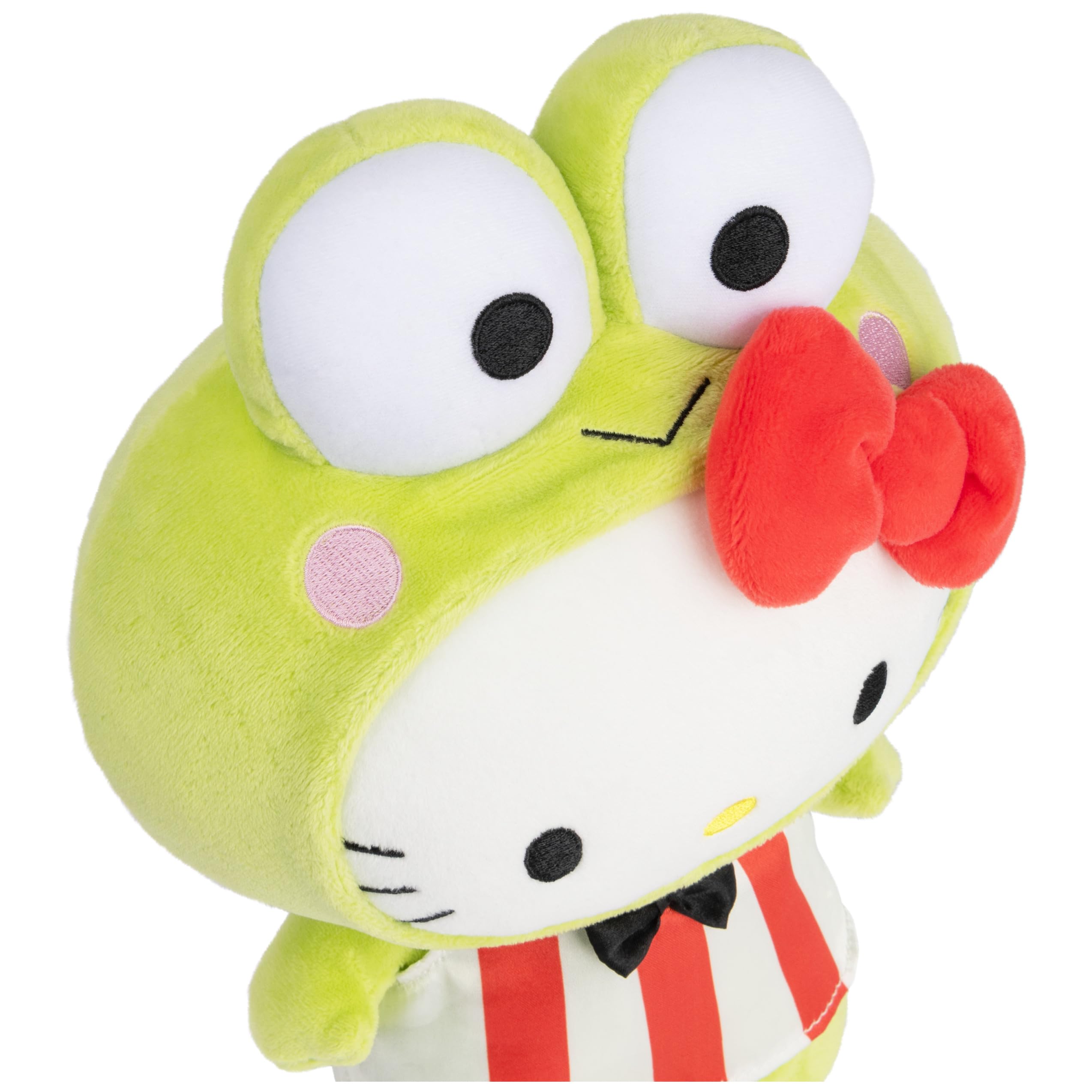 Keroppi-inspired red-white striped outfit and bowtie detail on plush