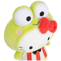 Keroppi-inspired red-white striped outfit and bowtie detail on plush