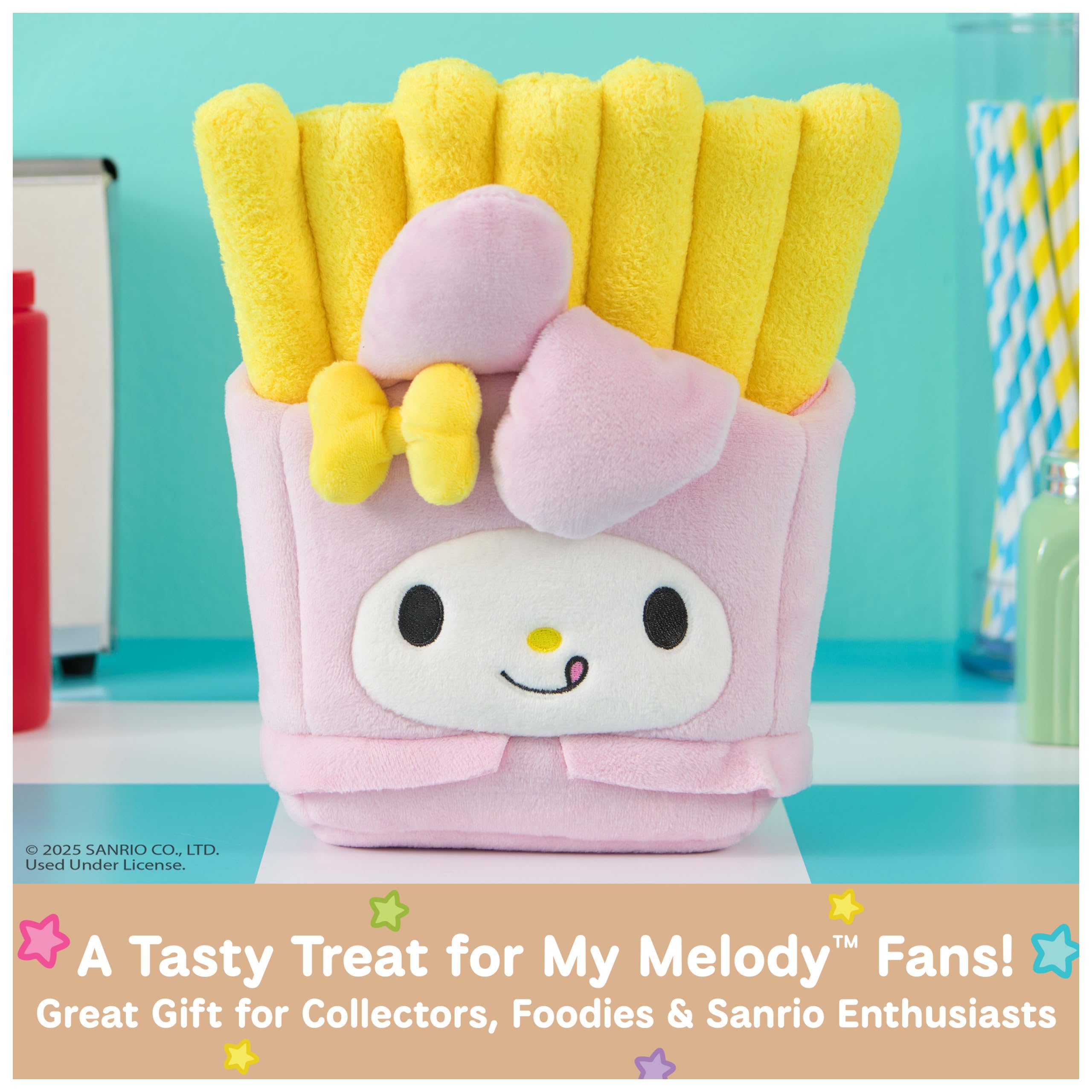 GUND My Melody French Fries Plush side view, ideal for shelf decor.