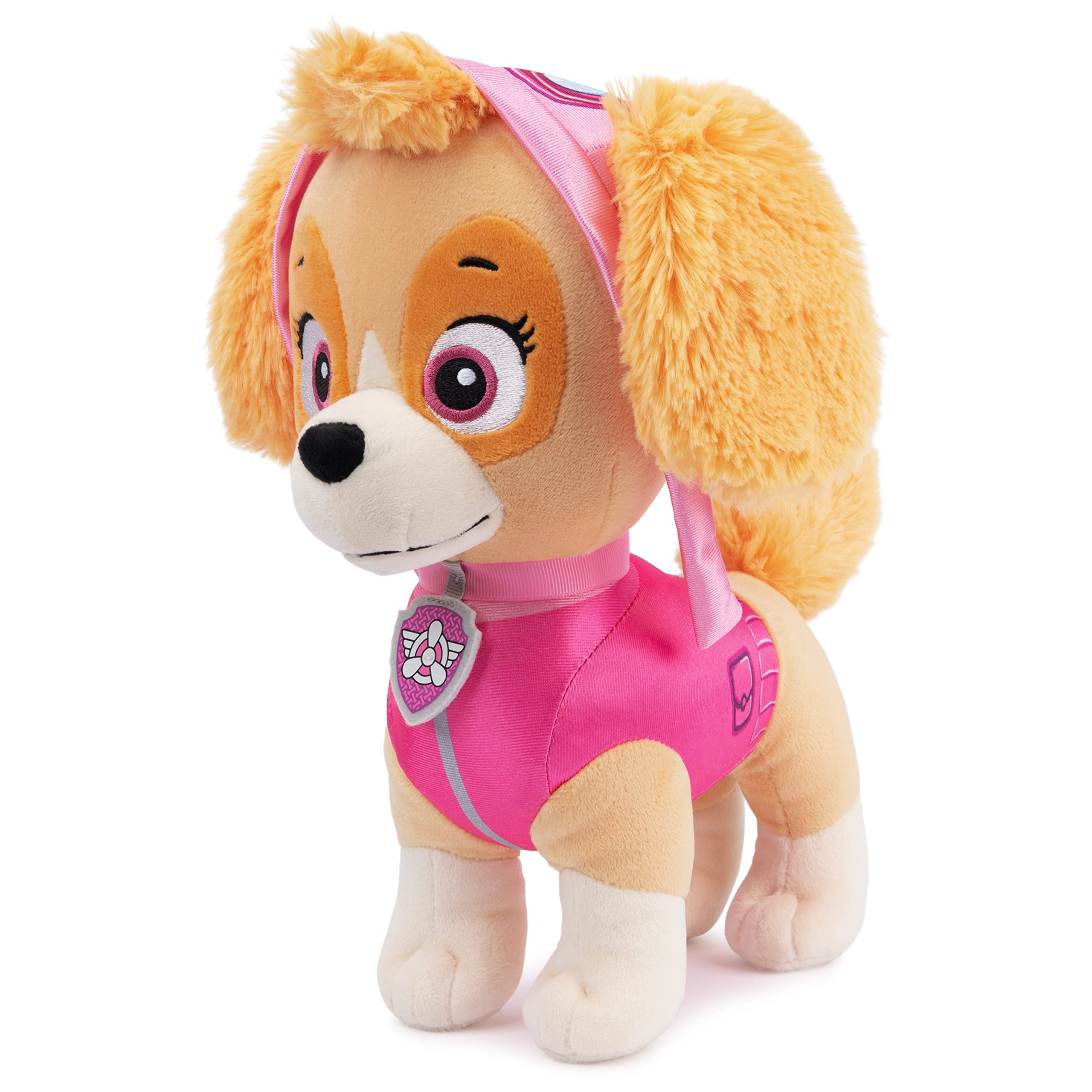 Embroidered facial features on Skye plush for durable expression.