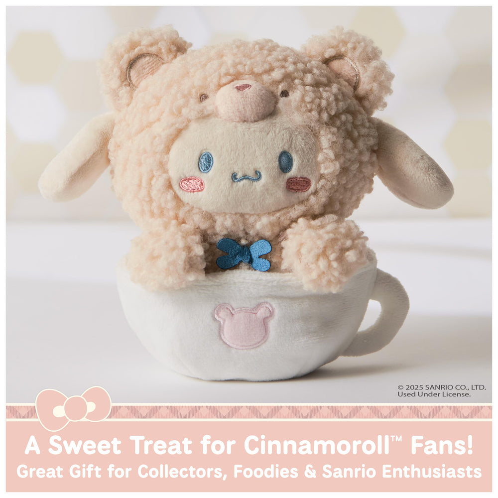 GUND Cinnamoroll plush with brown, pink, and blue embroidery details