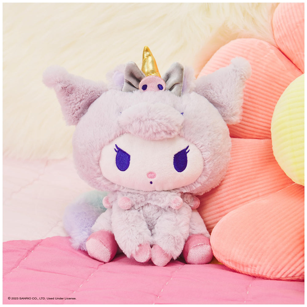 Kuromi unicorn plush, side view highlights rainbow mane and pastel colors for display.