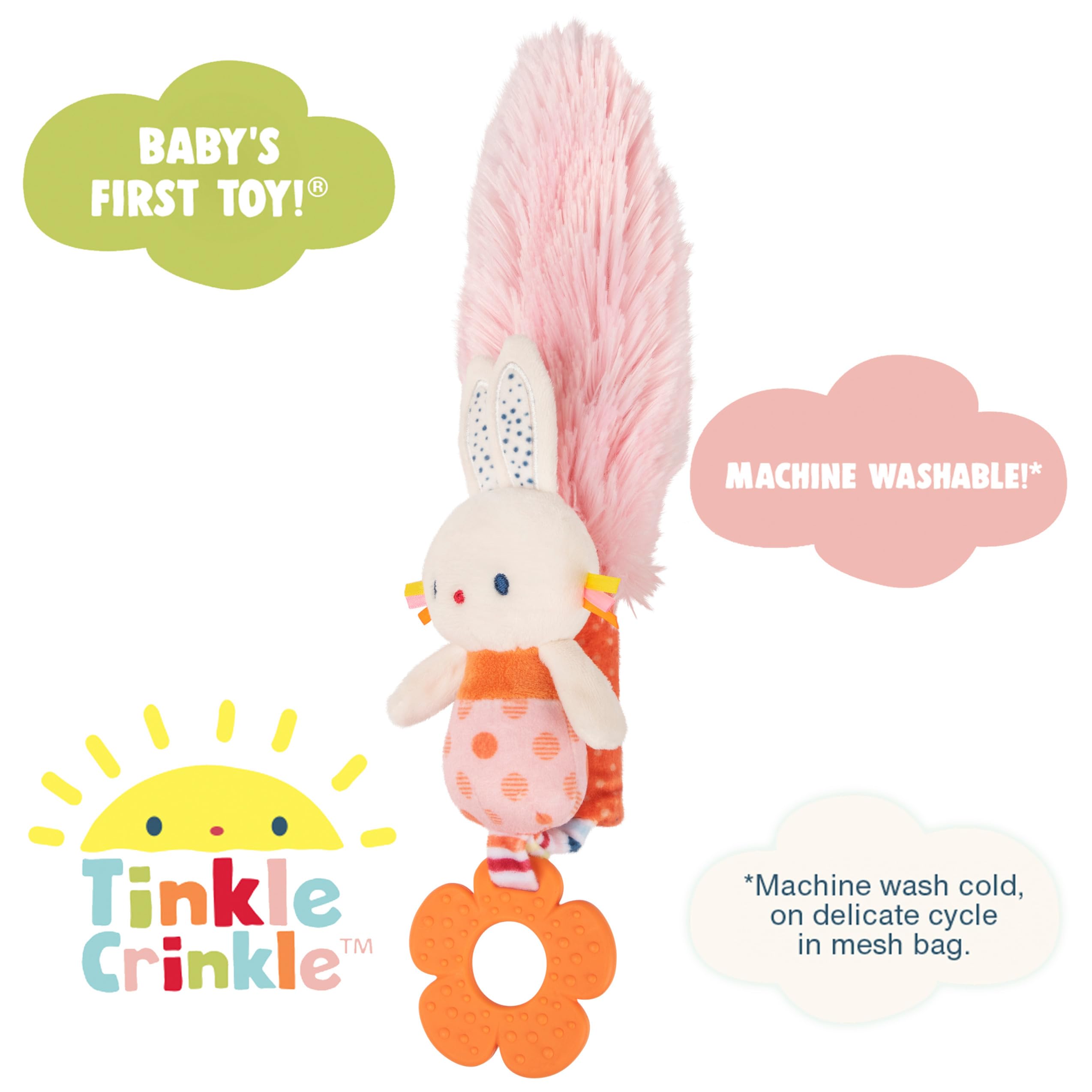 GUND silicone teether bunny provides safe teething relief during early exploration.