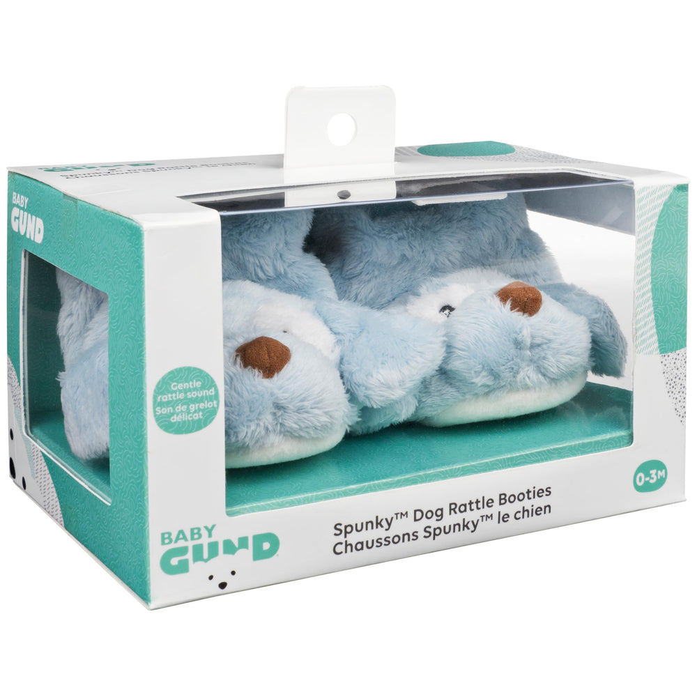 GUND Spunky Puppy rattle booties worn on baby's feet, cozy and secure.