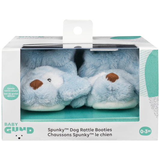 GUND Spunky Puppy rattle booties in packaging, ready for gift registries.