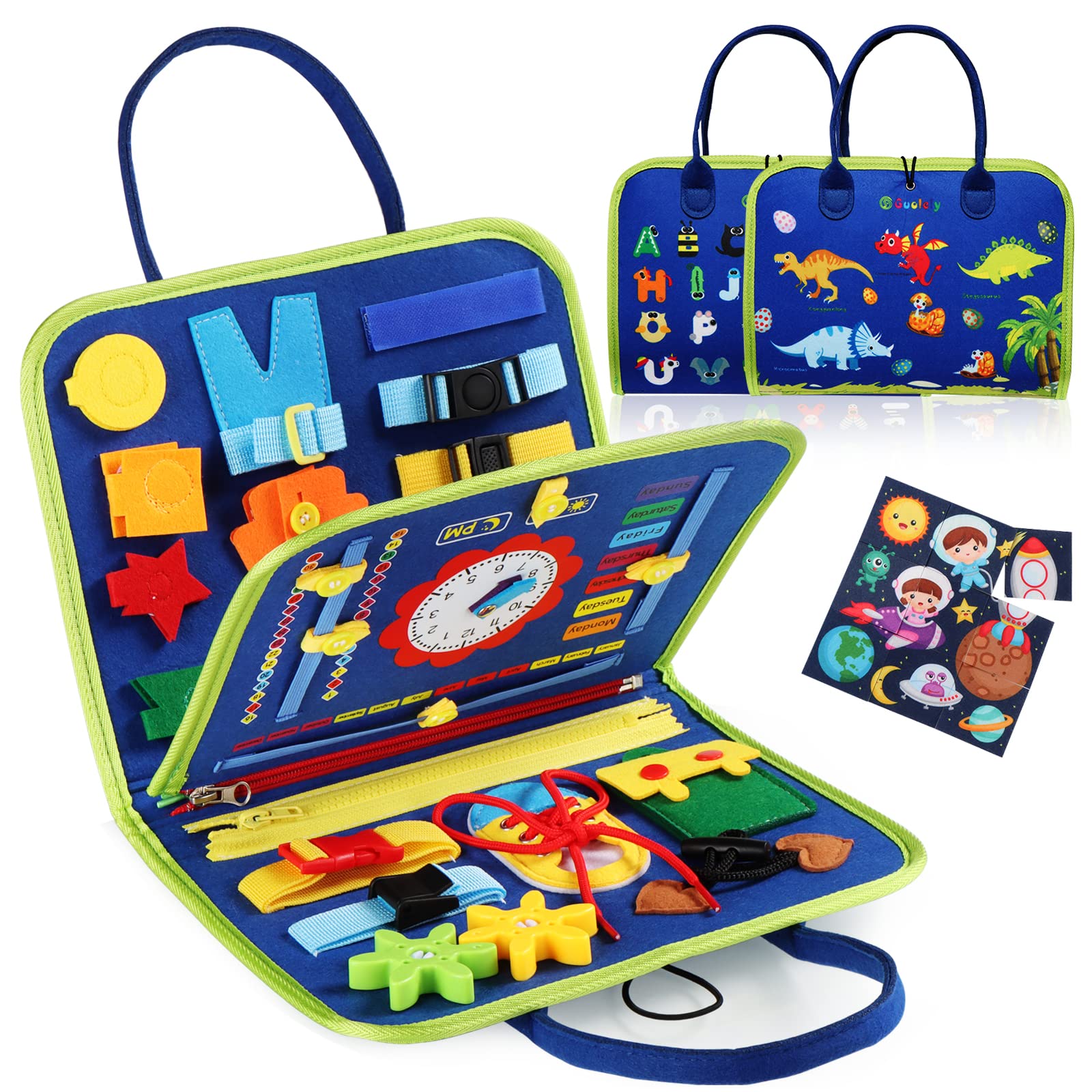 Guolely Busy Board zipper activity promotes fine motor skills during calm playtime.