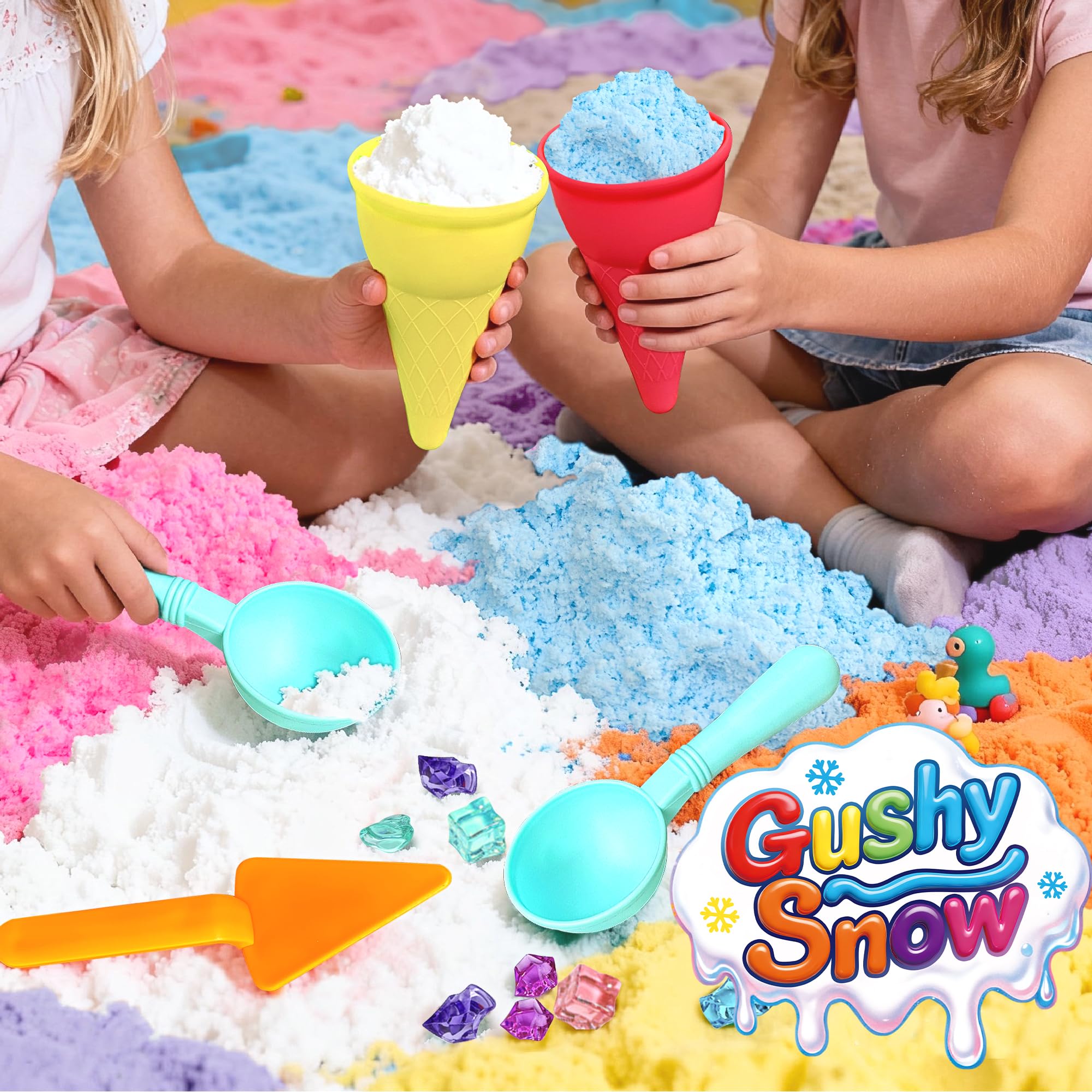 GushySnow ice cream play scene with soft pink snow for pretend treats.