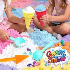 GushySnow ice cream play scene with soft pink snow for pretend treats.