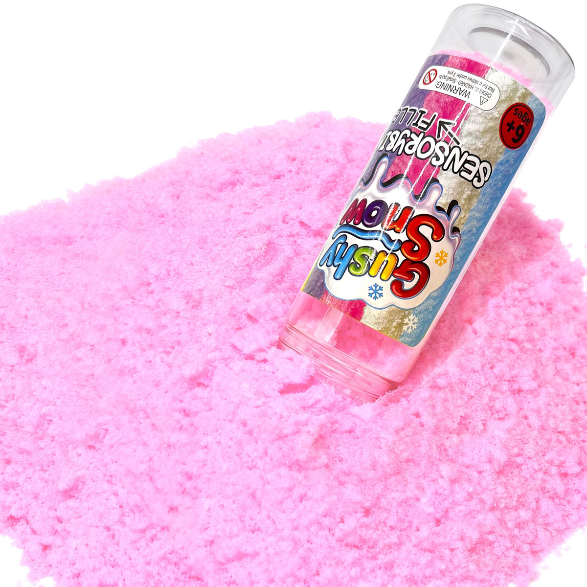 GushySnow pink latex snow for sensory bin, soft texture fuels imaginative play.