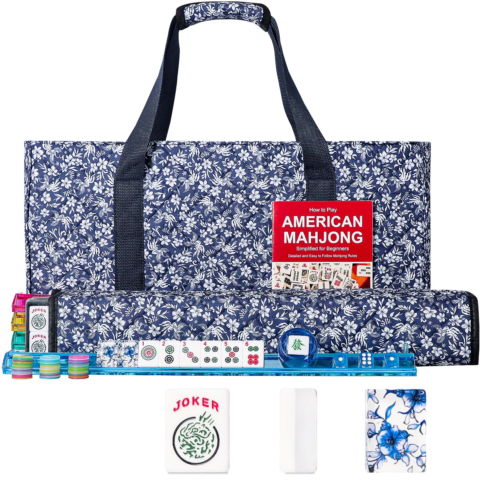 GUSTARIA American Mahjong Set with blue prints tiles for stylish game nights.