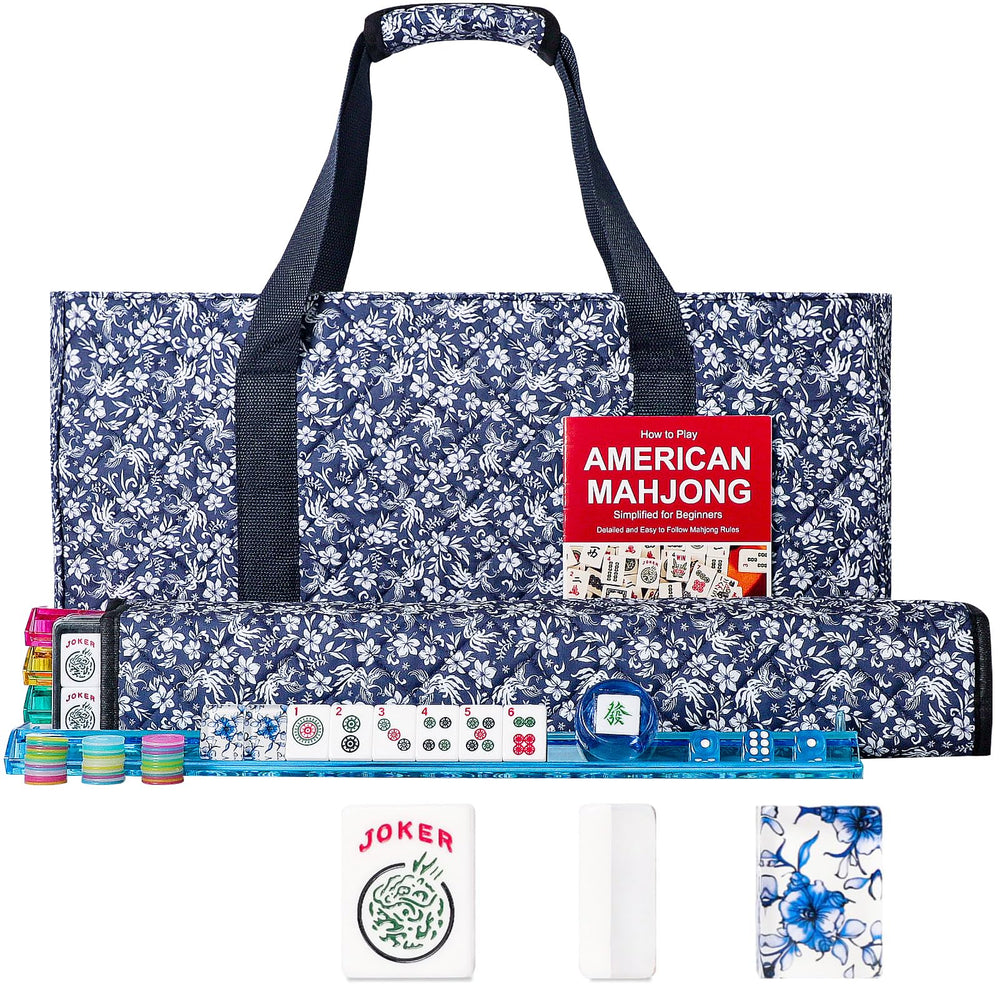 GUSTARIA American Mahjong Set with blue prints tiles for stylish game nights.