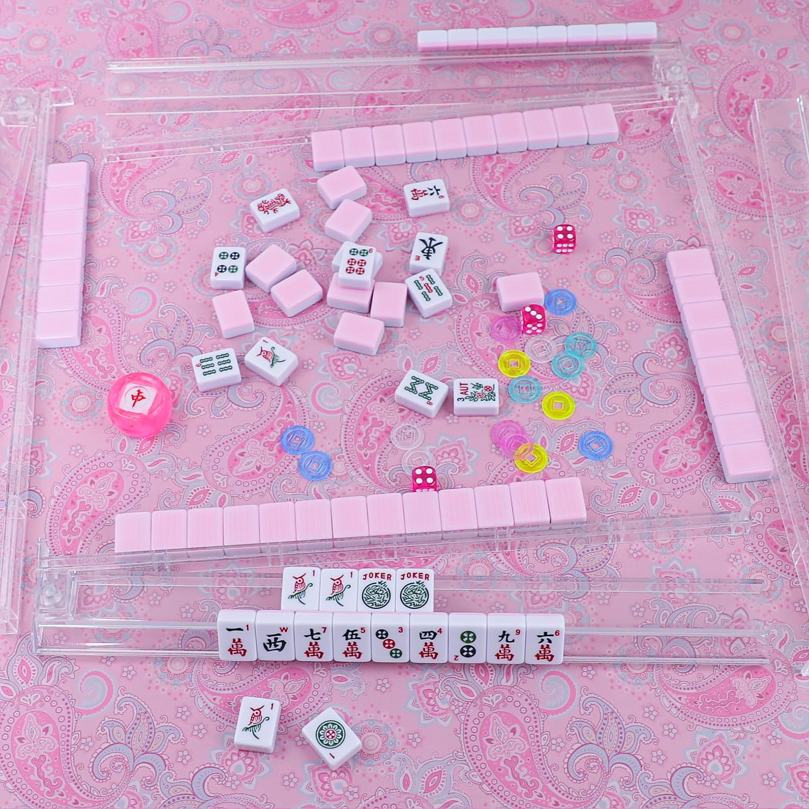 GUSTARIA pink 166-tile set delivers a complete American Mahjong experience.