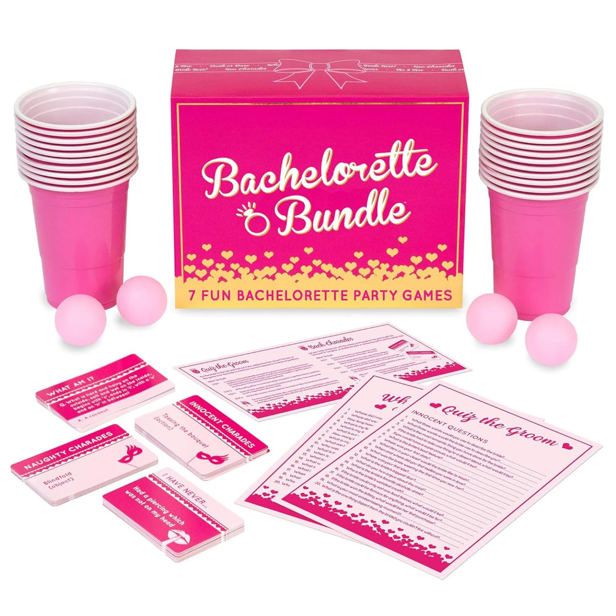 Gutter Games bachelorette bundle opened to reveal Quiz the Groom cards for lively icebreakers.