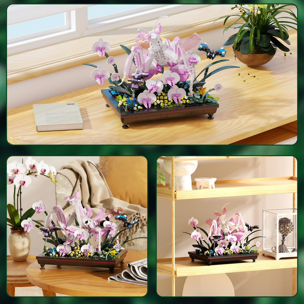 GXJTYYBS Orchid Mantis Bonsai with butterflies and flowers for vibrant visual appeal.