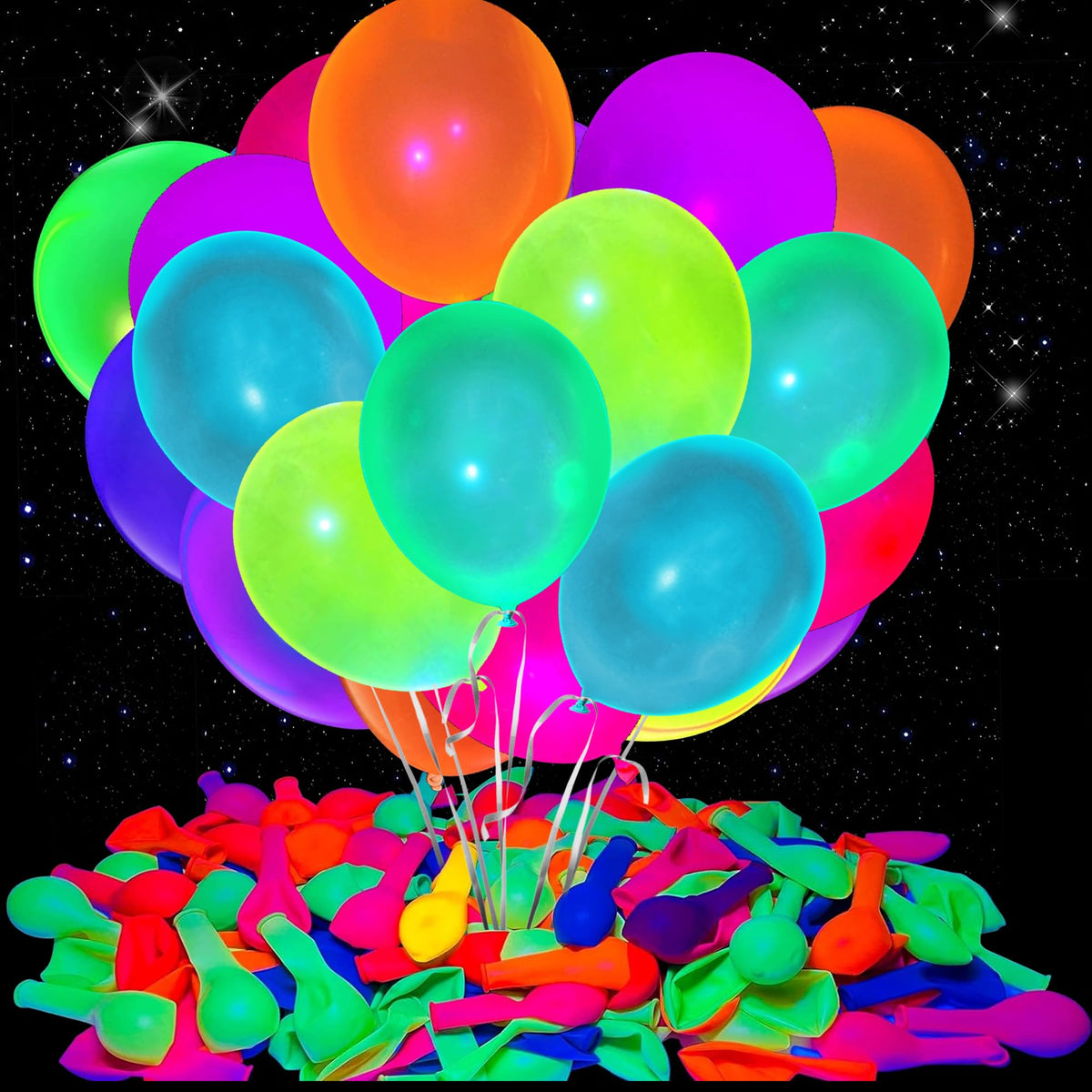 GYIPFIPA 150-pack neon balloons glow under UV light for vibrant party decor
