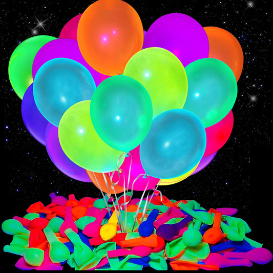 GYIPFIPA 150-pack neon balloons glow under UV light for vibrant party decor