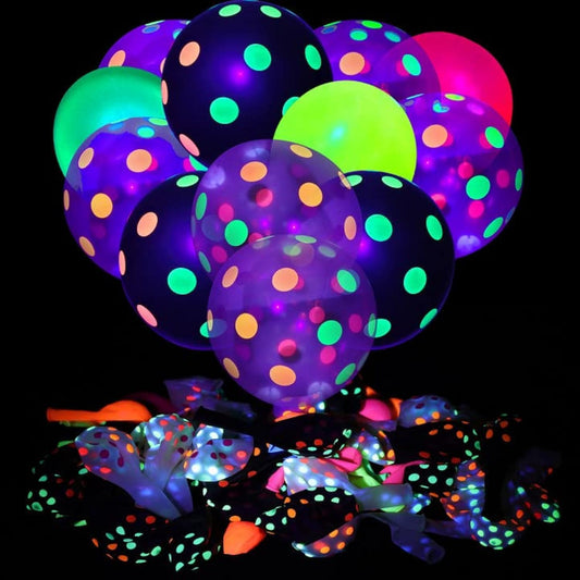 GYIPFIPA black polka-dot neon balloons glow under UV light for parties.