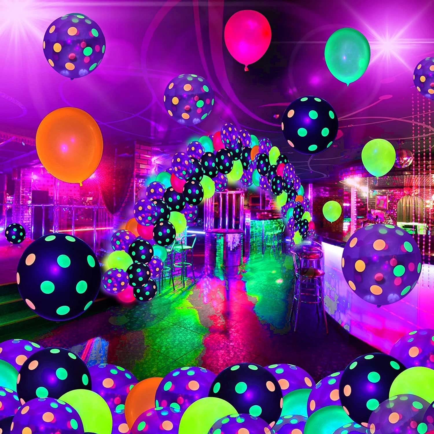 GYIPFIPA blacklight carnival balloons create vivid highlights under ultraviolet light.