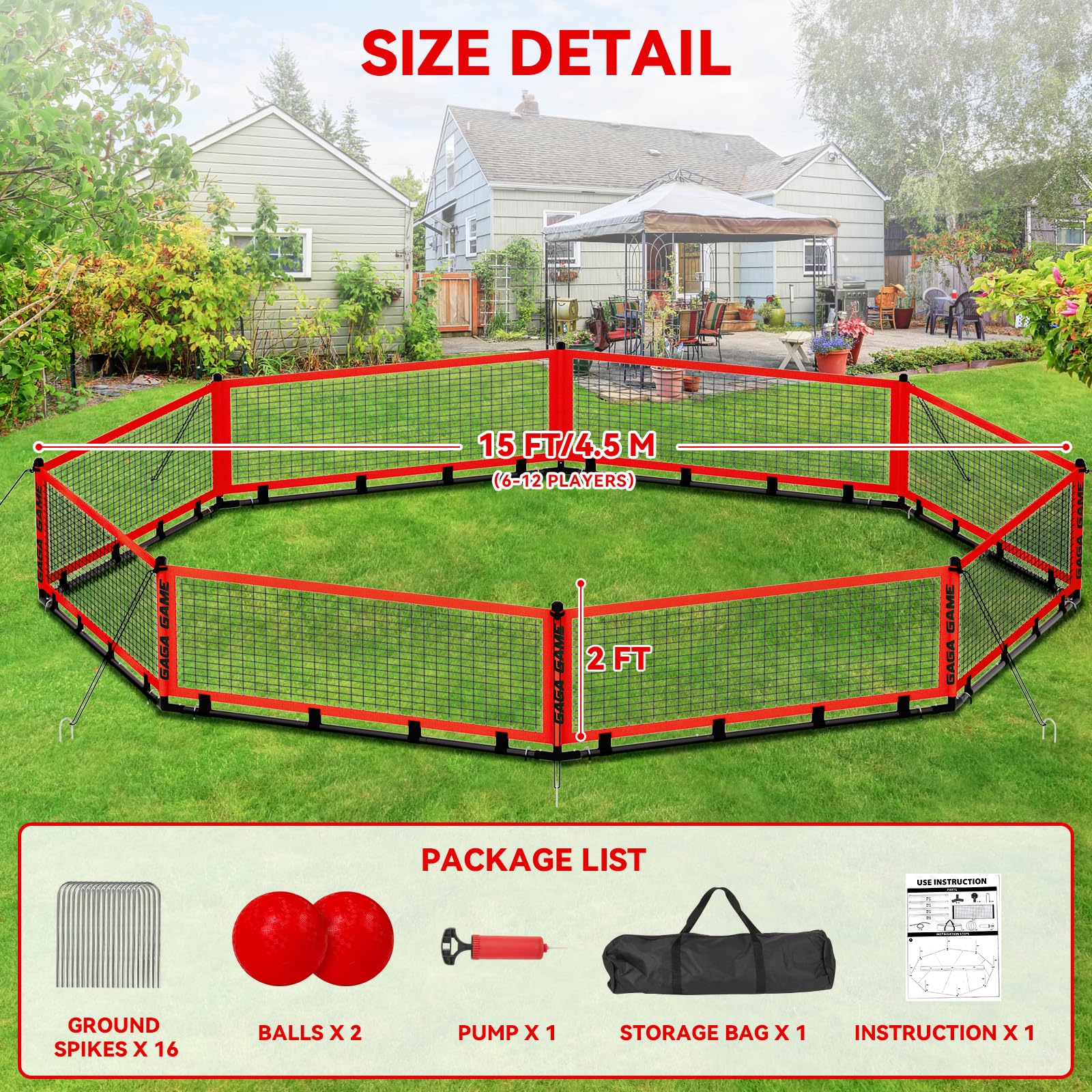 GYMMALL Gaga Ball Pit wind ropes and ground spikes stabilize play