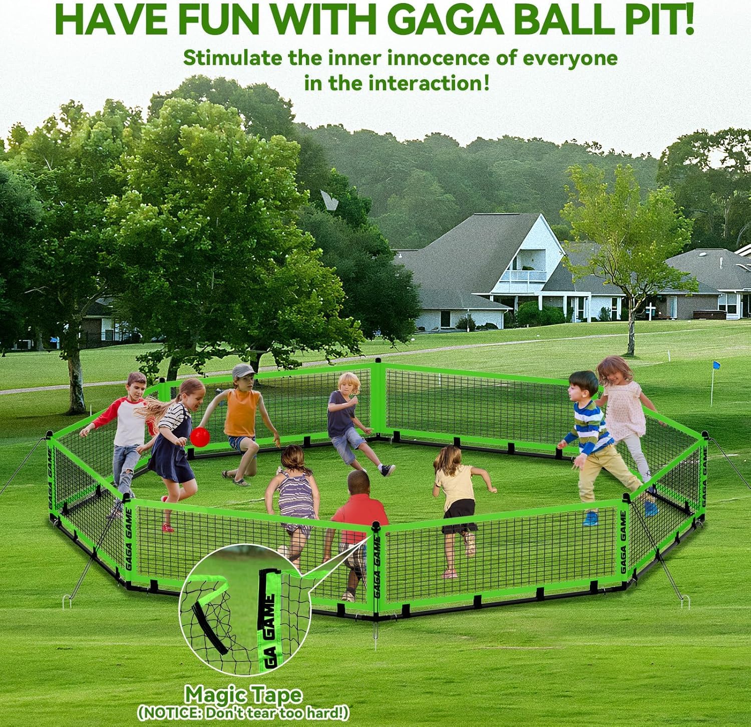 GYMMALL Gaga Ball Pit wind ropes stabilize the court during windy outdoor play sessions