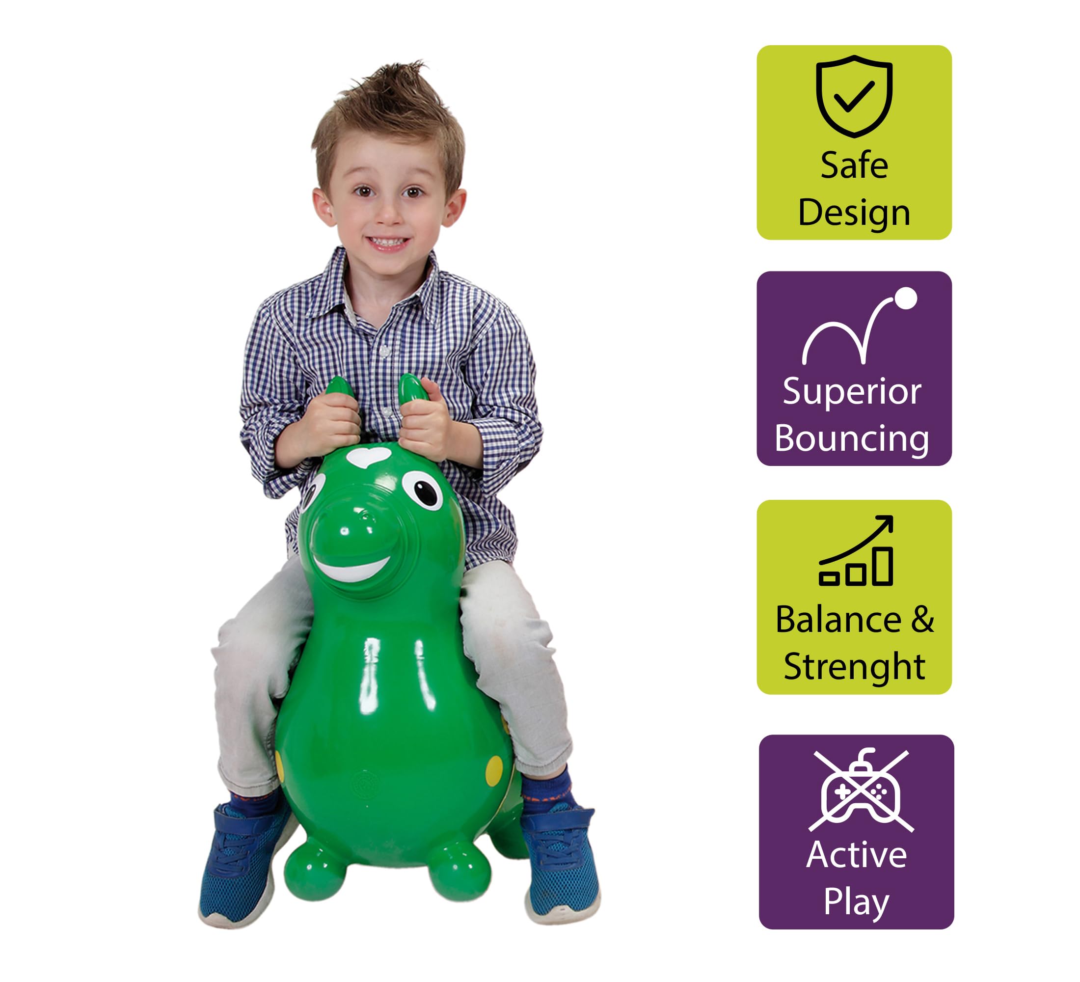 GYMNIC Rody Bounce Horse Green, side view, rounded seat promotes secure riding