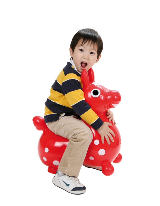 Gymnic Rody Bounce Horse Red side view highlights durable, soft foam for cozy, secure play.