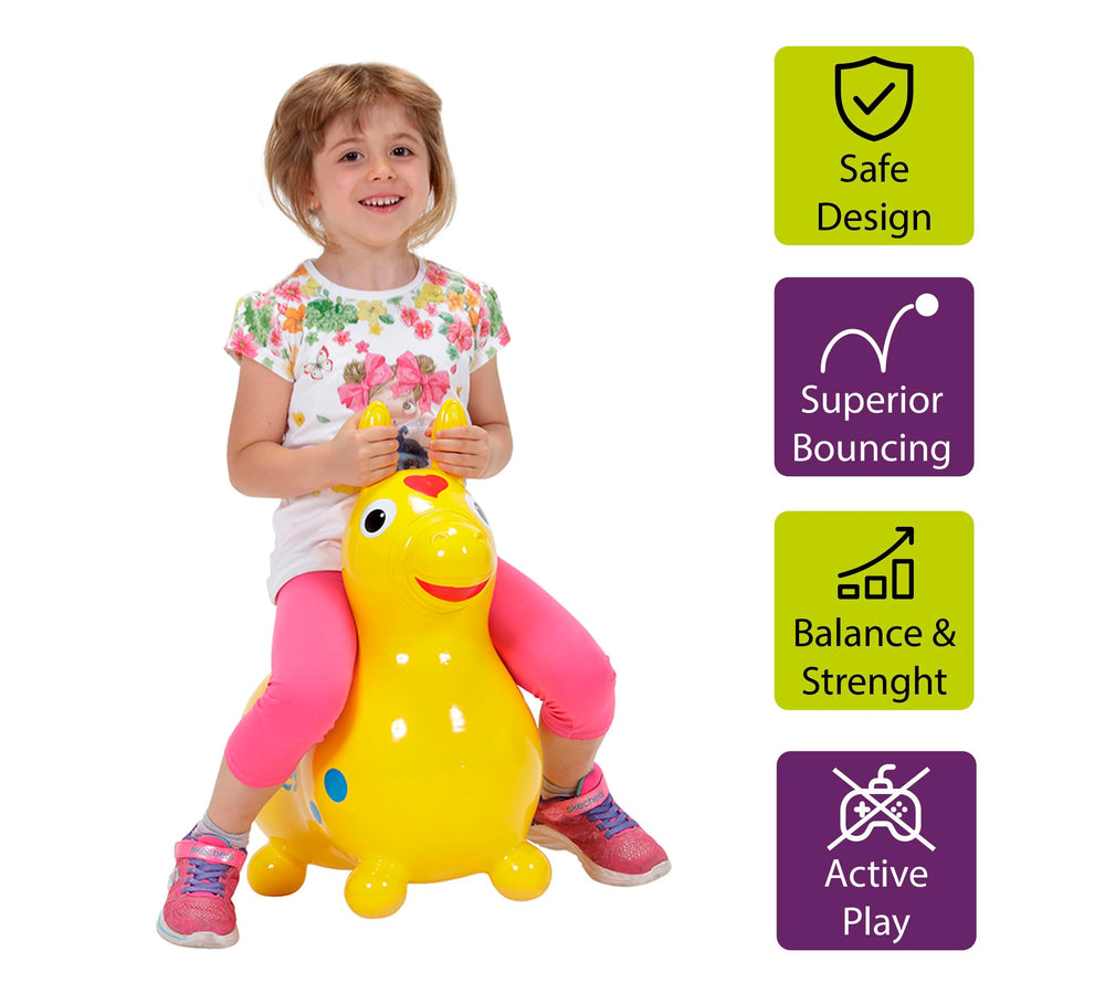 Gymnic Rody bounce horse yellow front view shows safe, rounded riding design.