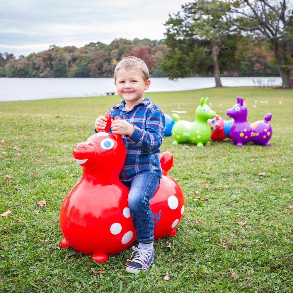Gymnic Rody Max Horse Red side view—great for coordination during active play.