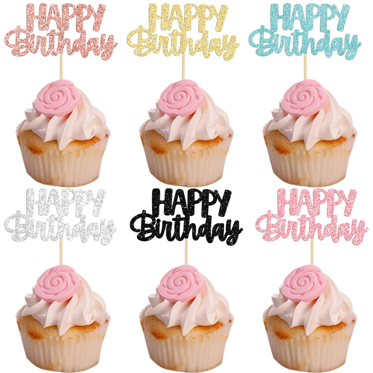 Gyufise 24Pcs Happy Birthday Cupcake Toppers assembled for quick cake decorations.