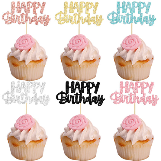 Gyufise 24Pcs Happy Birthday Cupcake Toppers assembled for quick cake decorations.