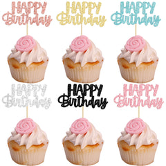 Gyufise 24Pcs Happy Birthday Cupcake Toppers assembled for quick cake decorations.