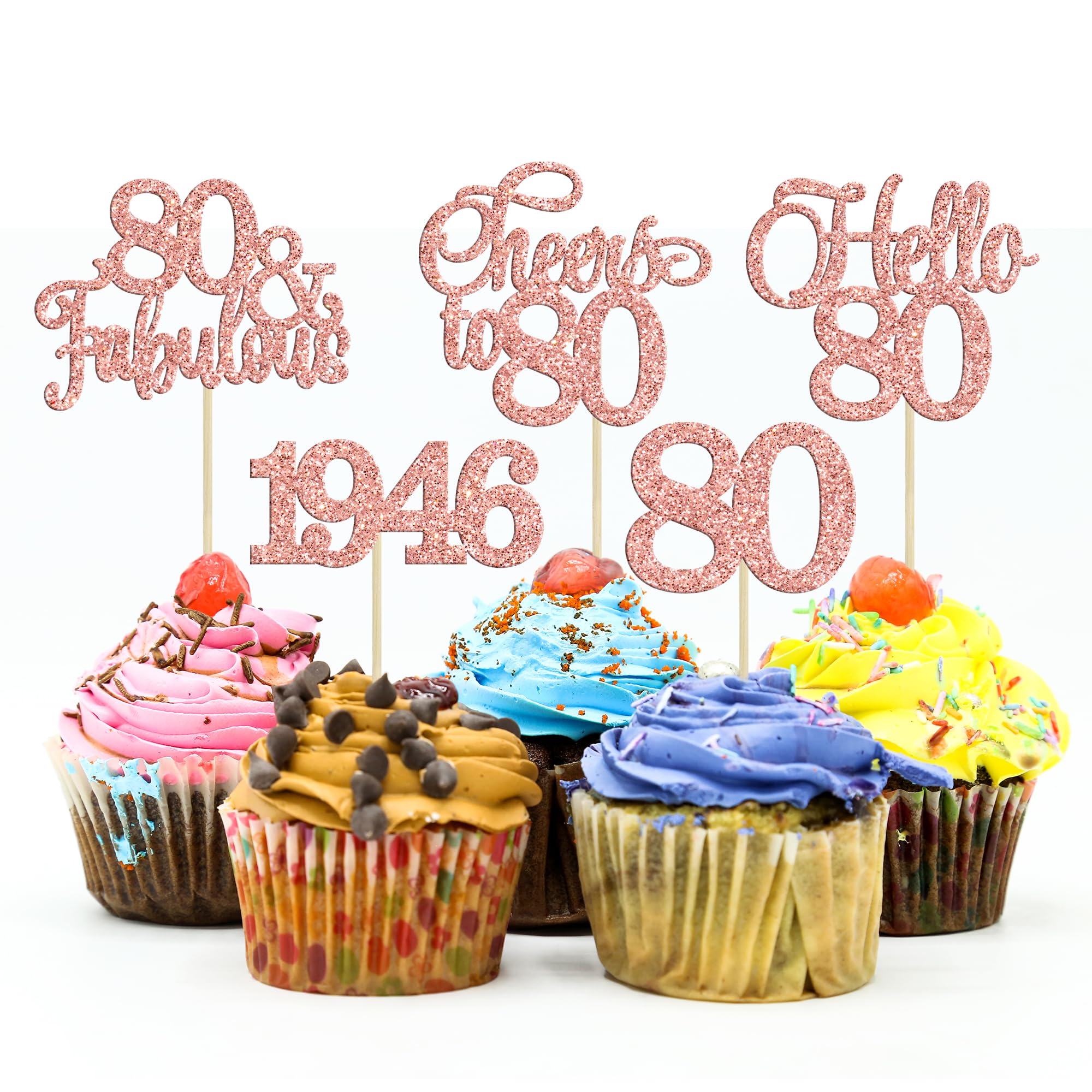 Gyufise 80th birthday cupcake toppers ready to insert on cake for festive moments.